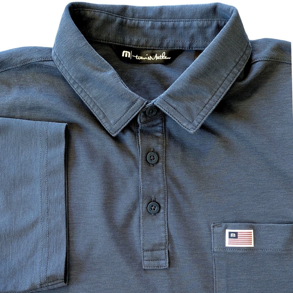 Travis Mathew USA Flag Mens Golf Polo Shirt Blue Short Sleeve Pocket Size Medium